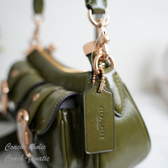 Coach CBJ01 Ashton Shoulder Bag In Shiny Crinkle Leather Gold/Olive Green - Picture 7 of 11